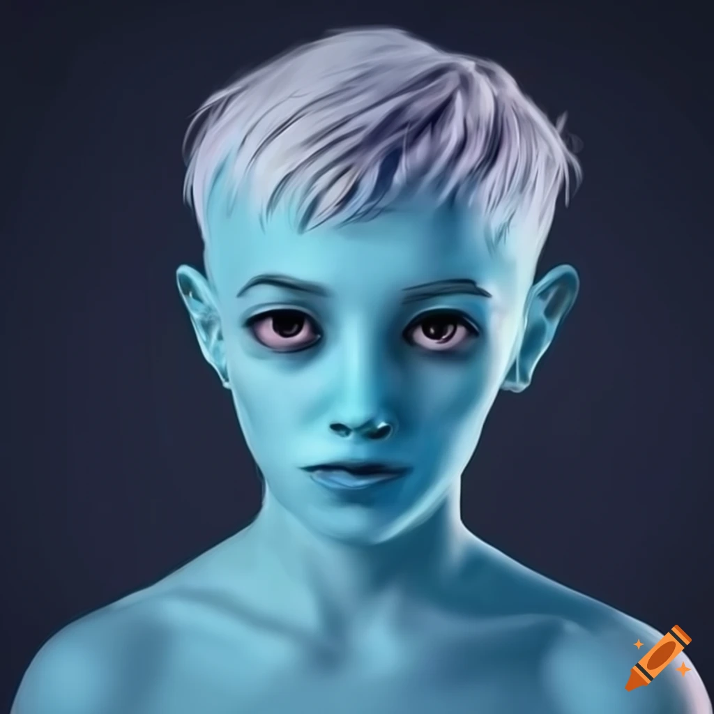 Short, wavy, white-haired blue-skinned humanoid alien boy with square ...