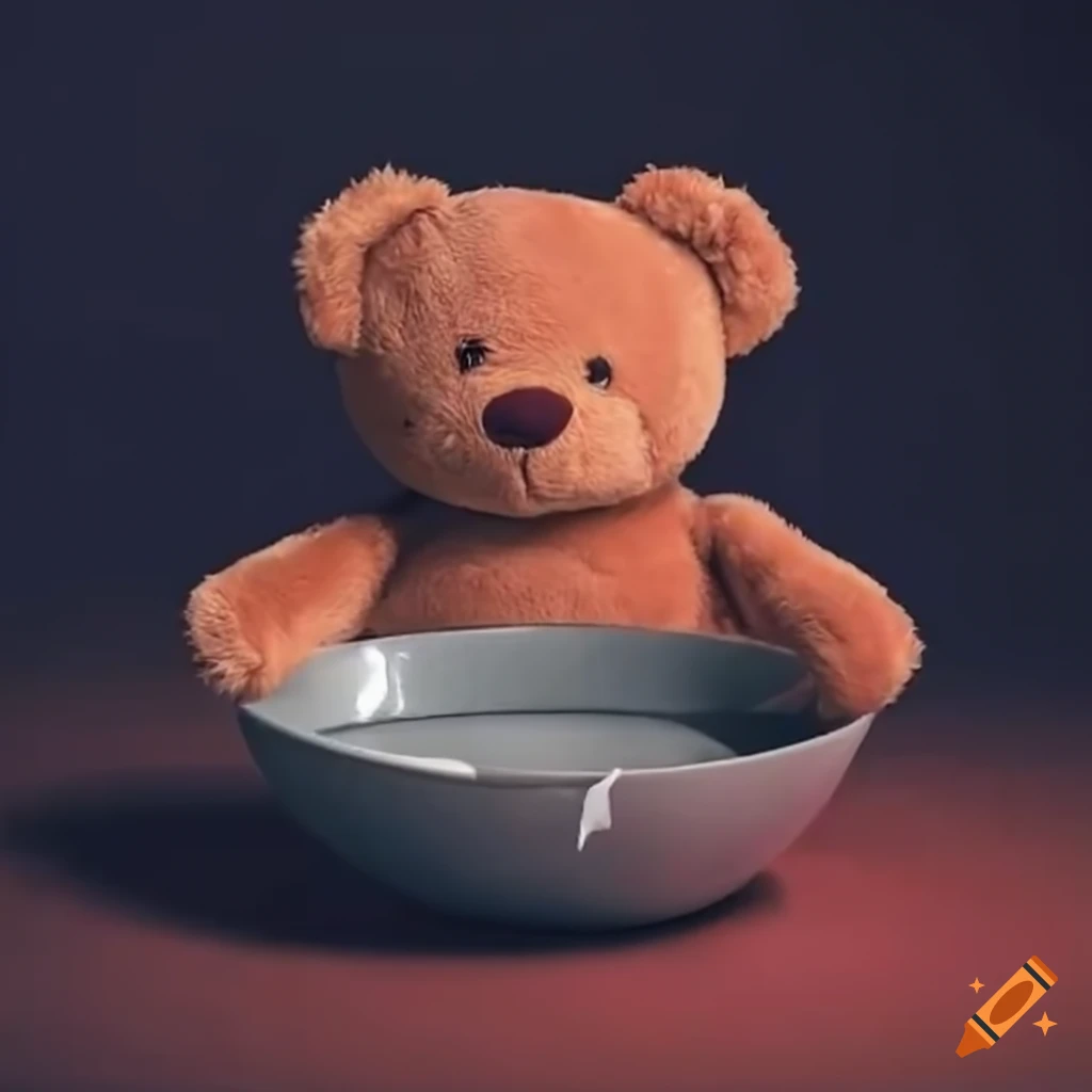 Sad plush bear next to an empty broken bowl
