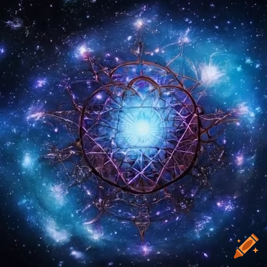 Shiva dancing on a cosmic wheel with lotus flowers and a milky way background