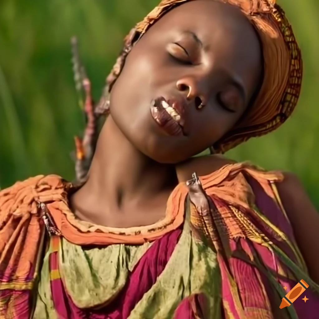 African woman sleeping in traditional prairie garb in a meadow with a happy expression