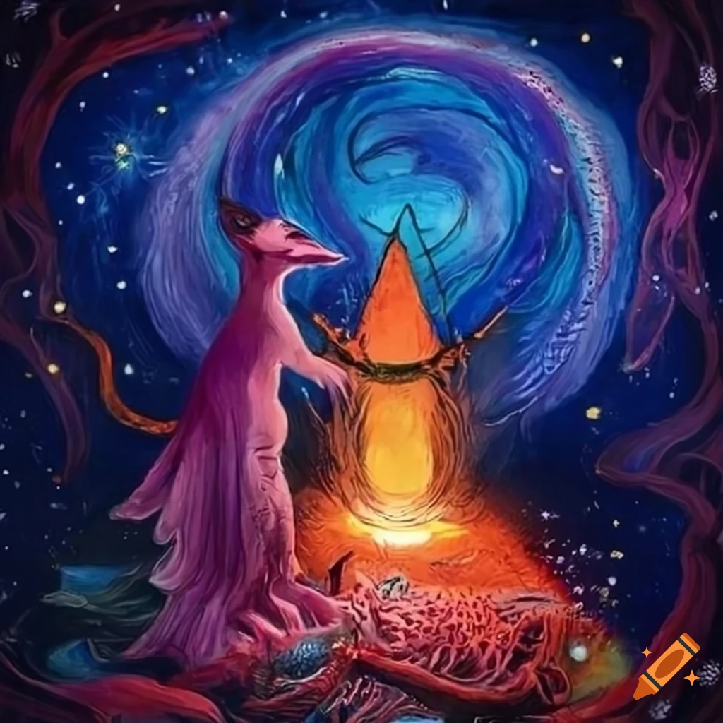 Spiritual journey through the cosmos with a joyful tarot card figure and a fox