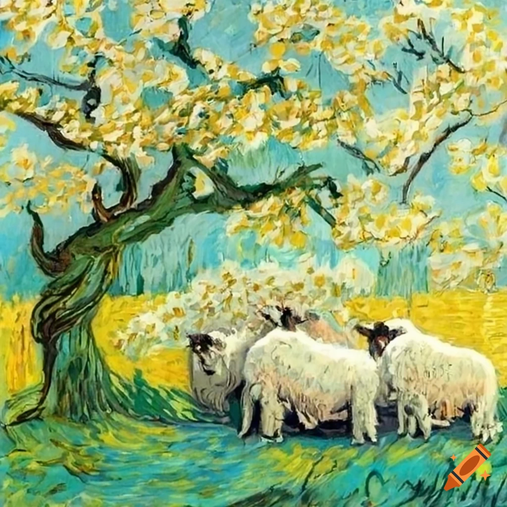 Cicada and flock of sheep under a dogwood tree in van Gogh style