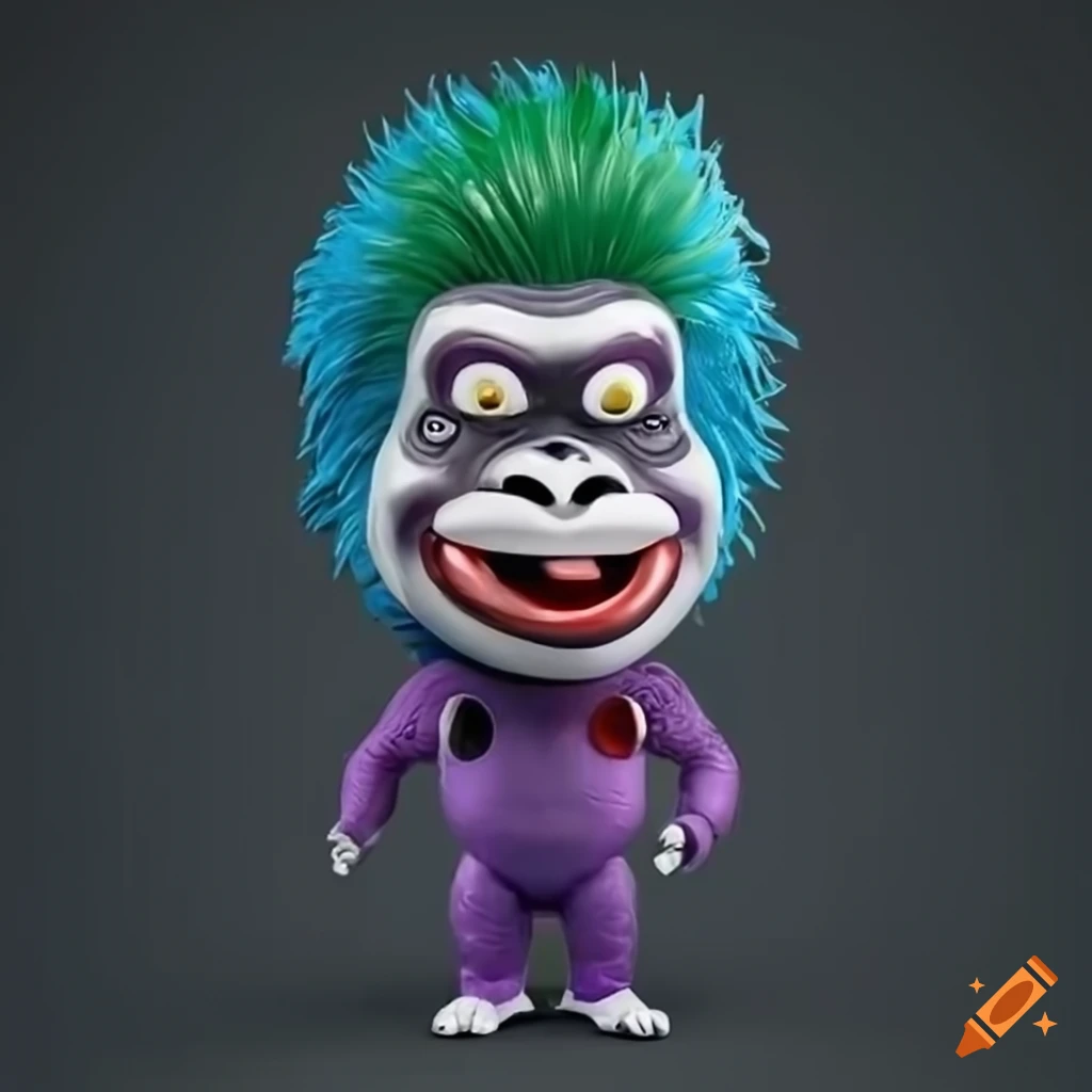 3D gorilla bobble head cartoon with creepy smile and blue clown hair holding a bazooka