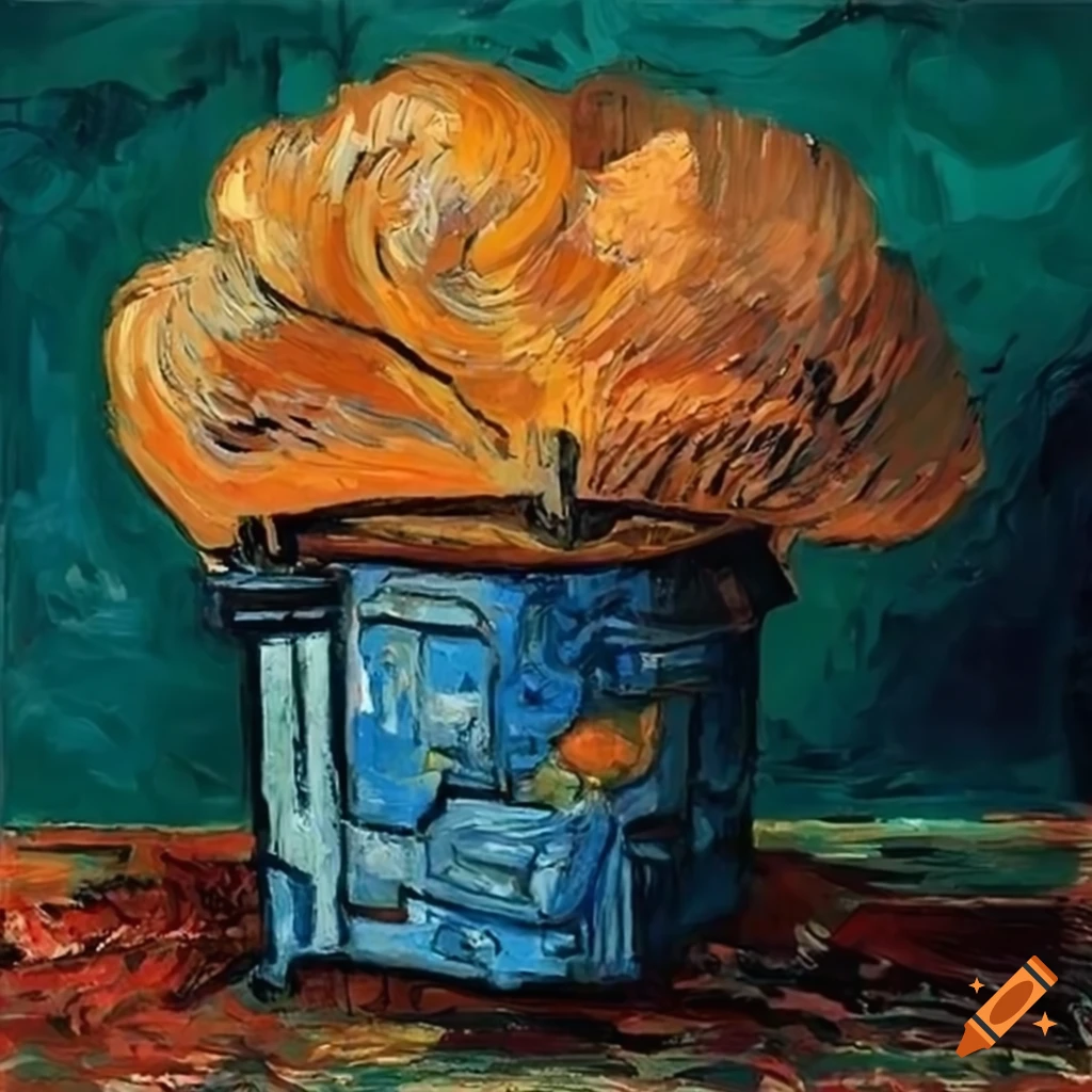 Trash can on fire painted by vincent van gogh on Craiyon