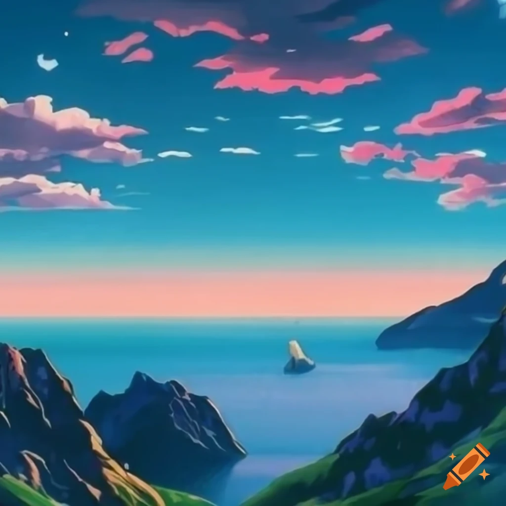 1990 anime aesthetic view of a mountain by the sea on Craiyon