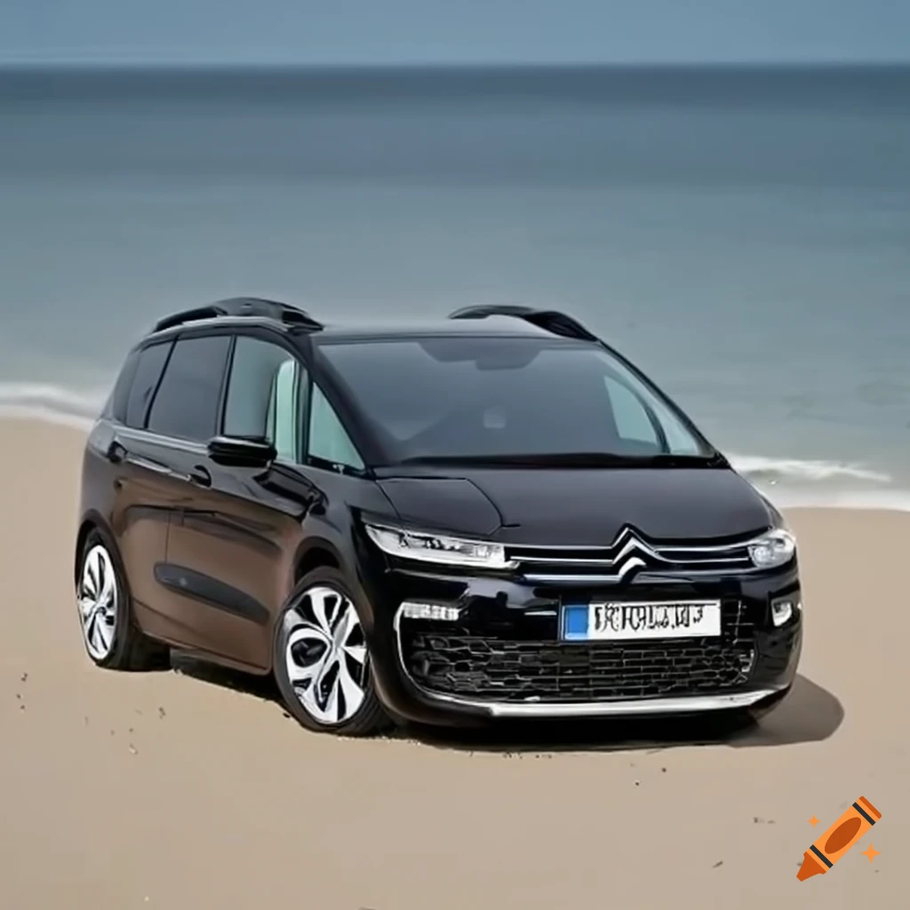 Tuned black citroen c4 grand picasso on the beach on Craiyon