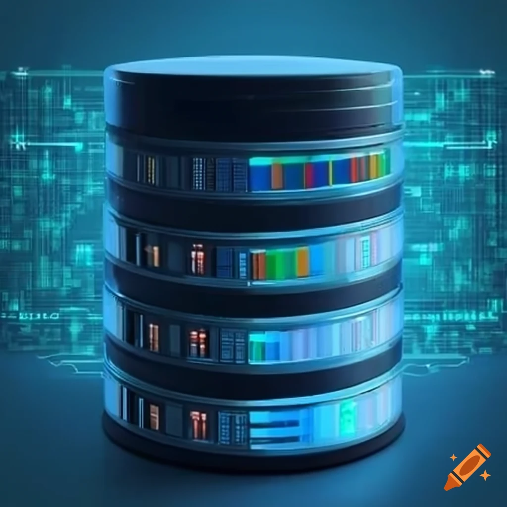 Database server surrounded by data graphs on Craiyon