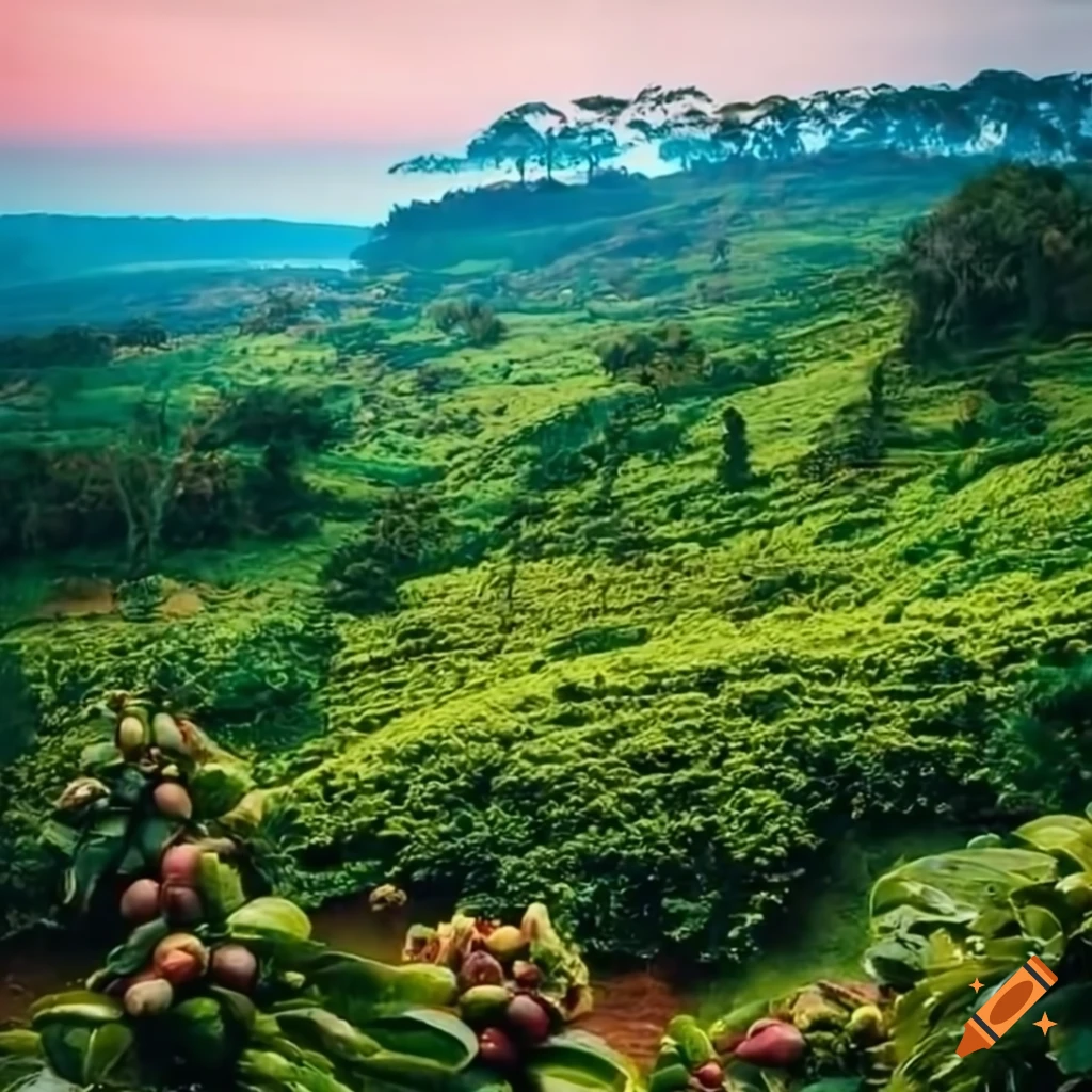 Kenyan coffee plantation with lush green landscapes and coffee beans on