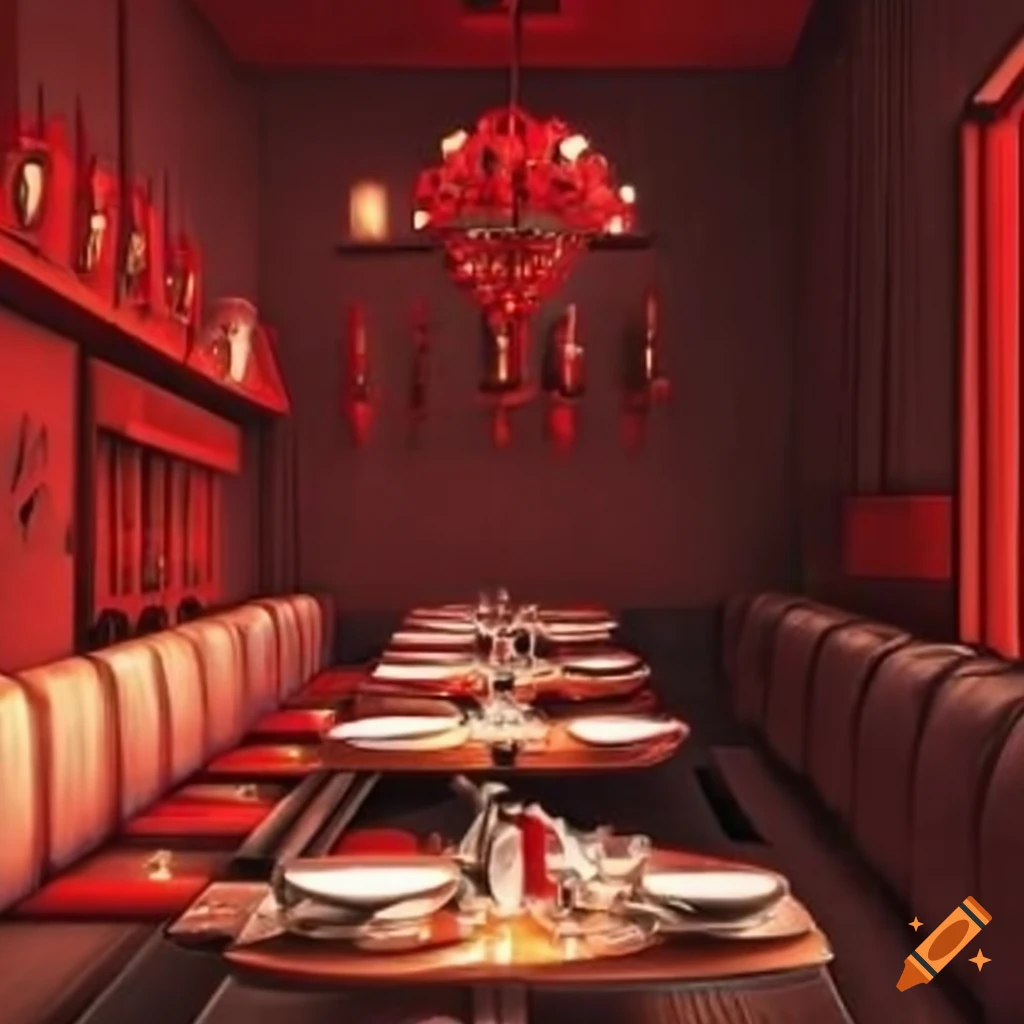 Restaurant with dim red lighting and tapas on Craiyon