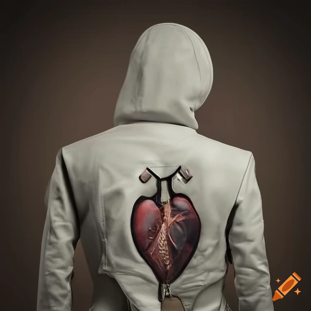 White leather jacket with human heart in front of fire and text 'MVZ Kardiologie'