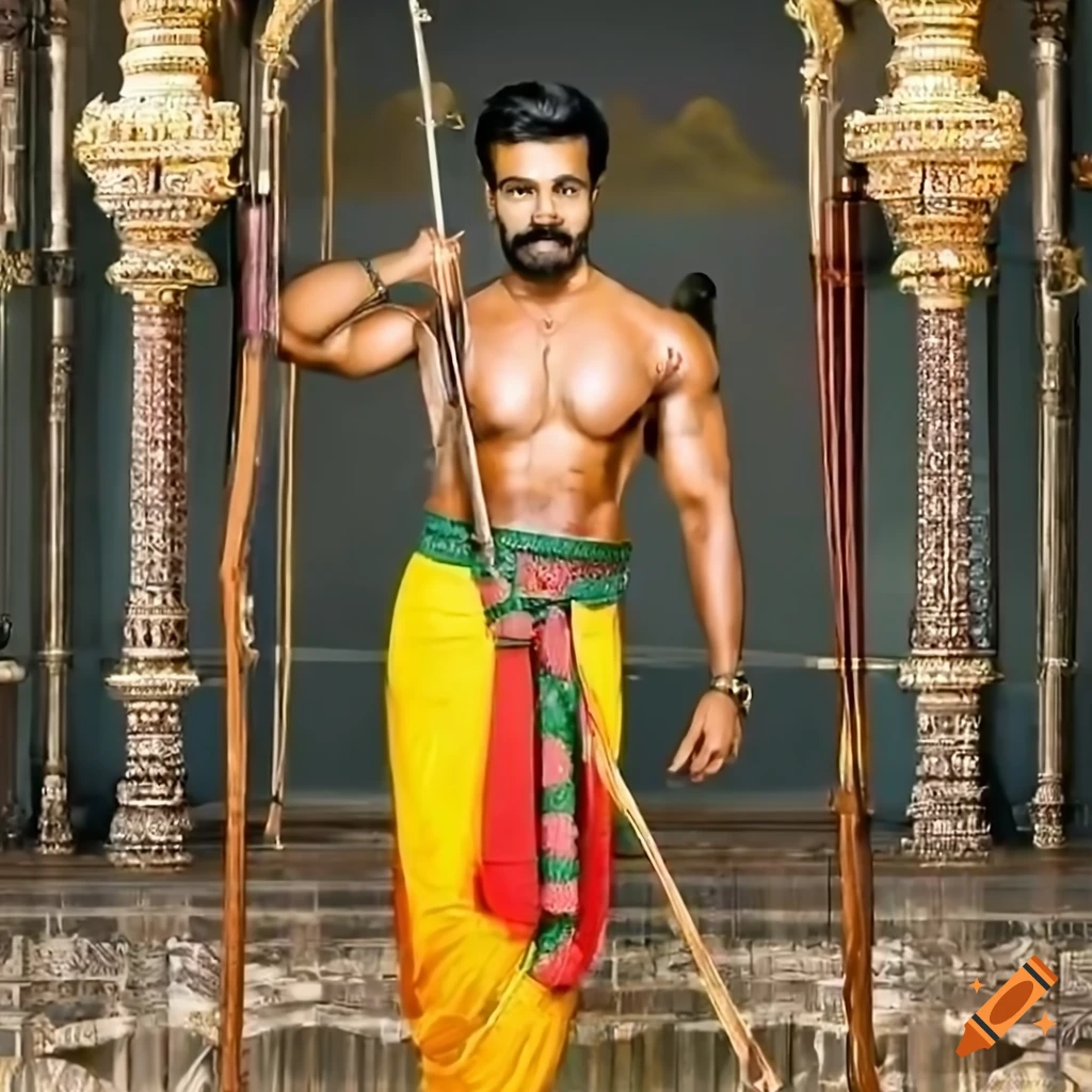Portrait of South Indian actor Ram Charan as Hindu god Rama with bow and arrow in palace