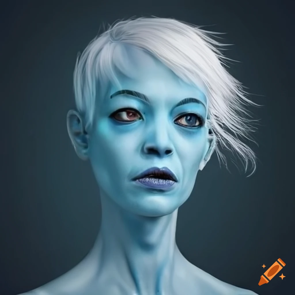 Short Wavy White Hair And Blue Skinned Humanoid Alien Woman With A Square Jaw On Craiyon 