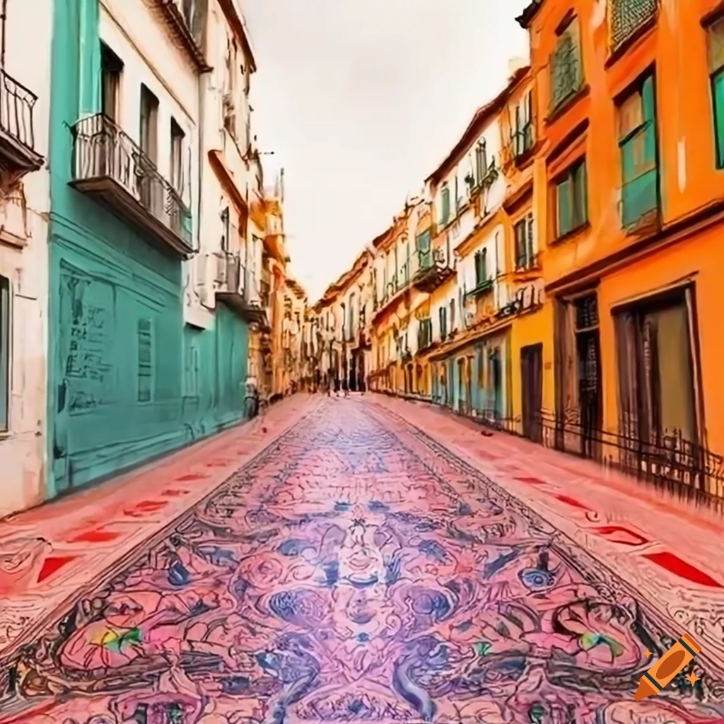 Vibrant streets of Seville, Spain in a contemporary coloring template