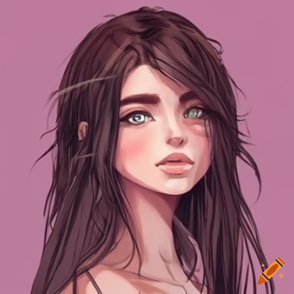 Portrait of a young female with long brown hair and green eyes on Craiyon