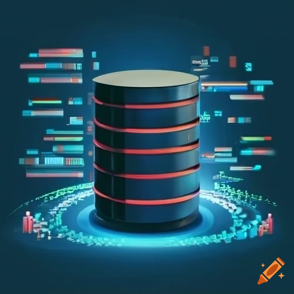 Database server surrounded by data graphs on Craiyon