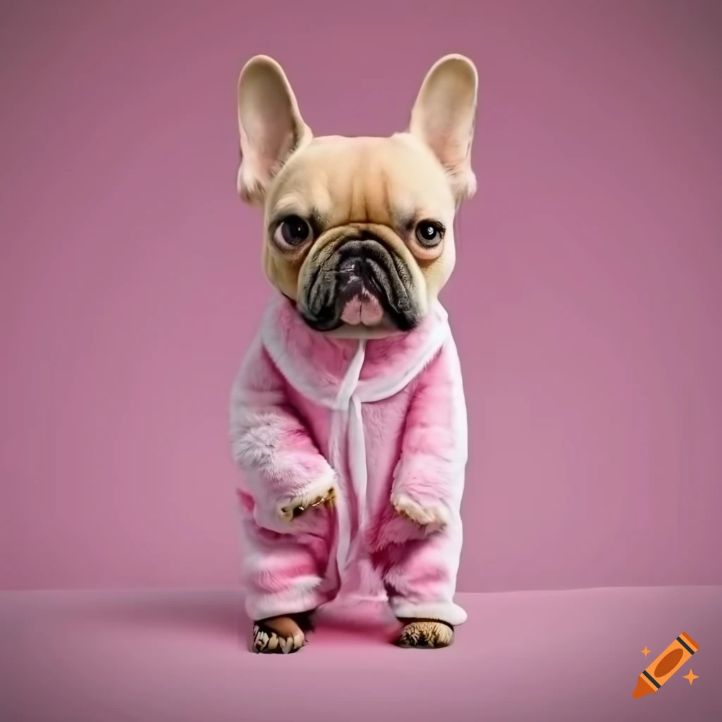 Feminine tan french bulldog in pajamas and slippers holding a baby blanket