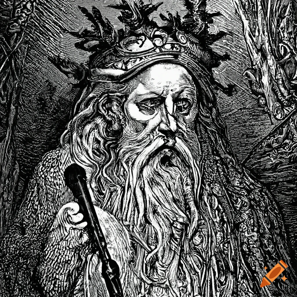 Engraving of old Norse pagan god playing the flute in the woods