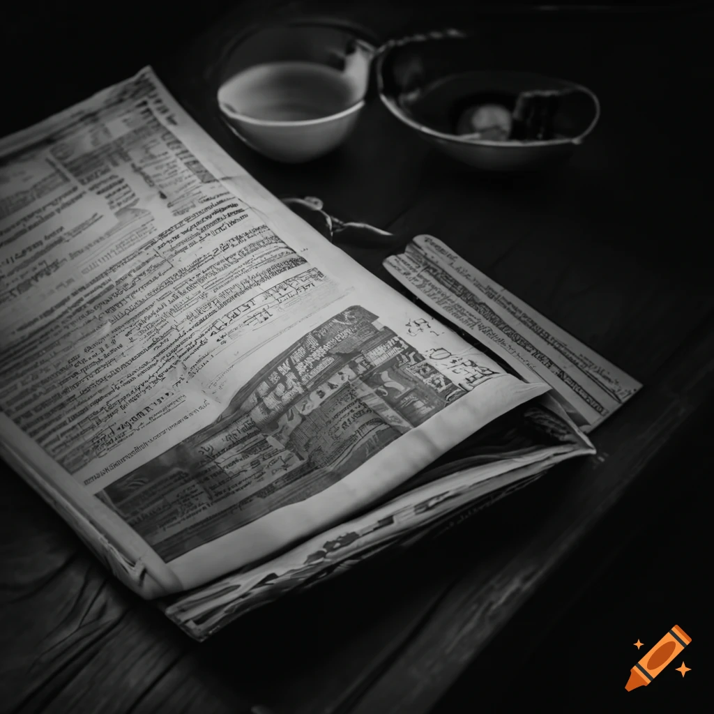 Newspaper on a table in a dark setting