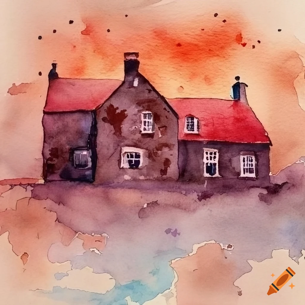 Monochromatic dark-red watercolor painting of a Cornish cottage mansion