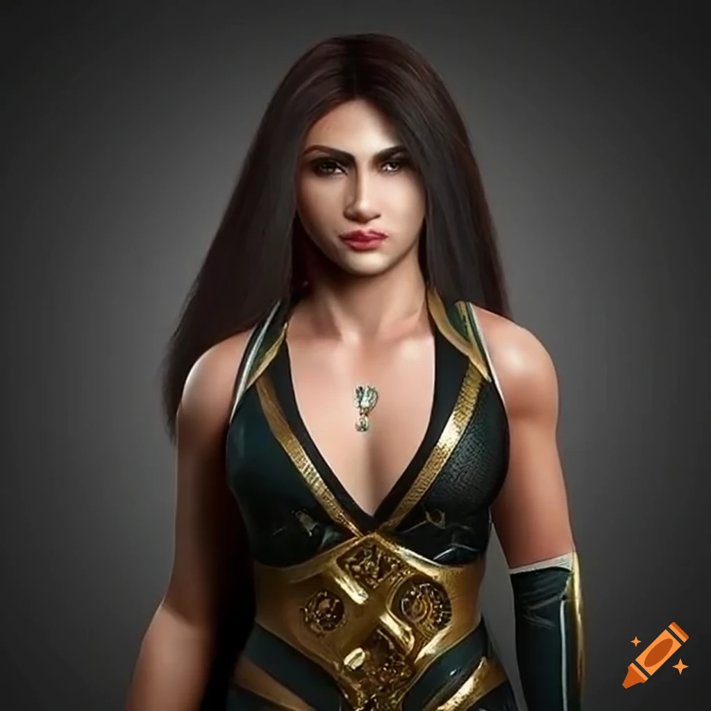 Female athletic Hindi superhero in shiny black and gold battle armor