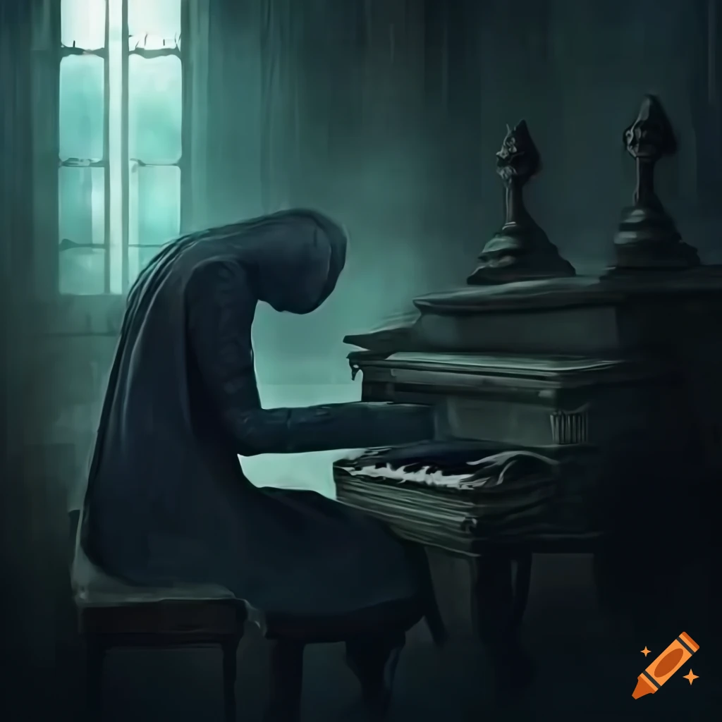 Forked hands playing piano in a haunted 8k dark fantasy setting