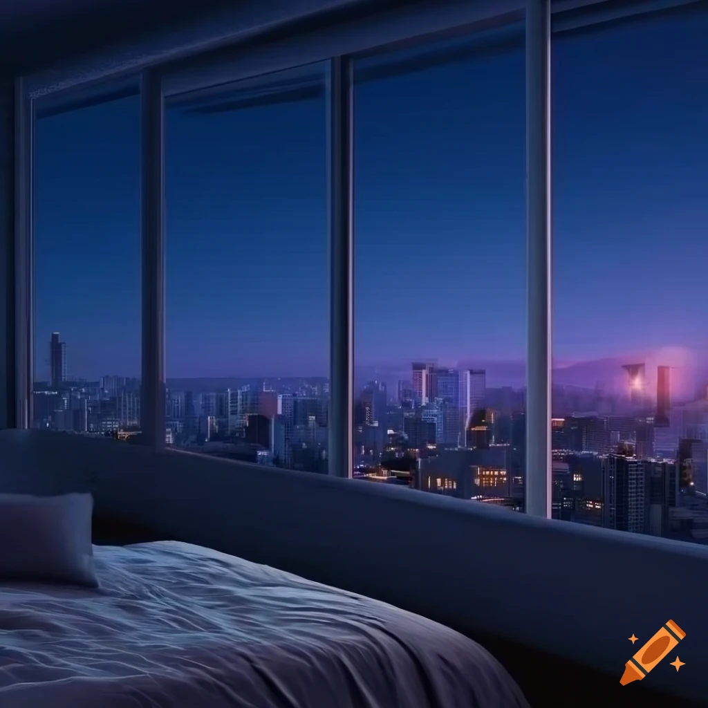 Photorealistic bedroom with a view of a city landscape at evening on ...