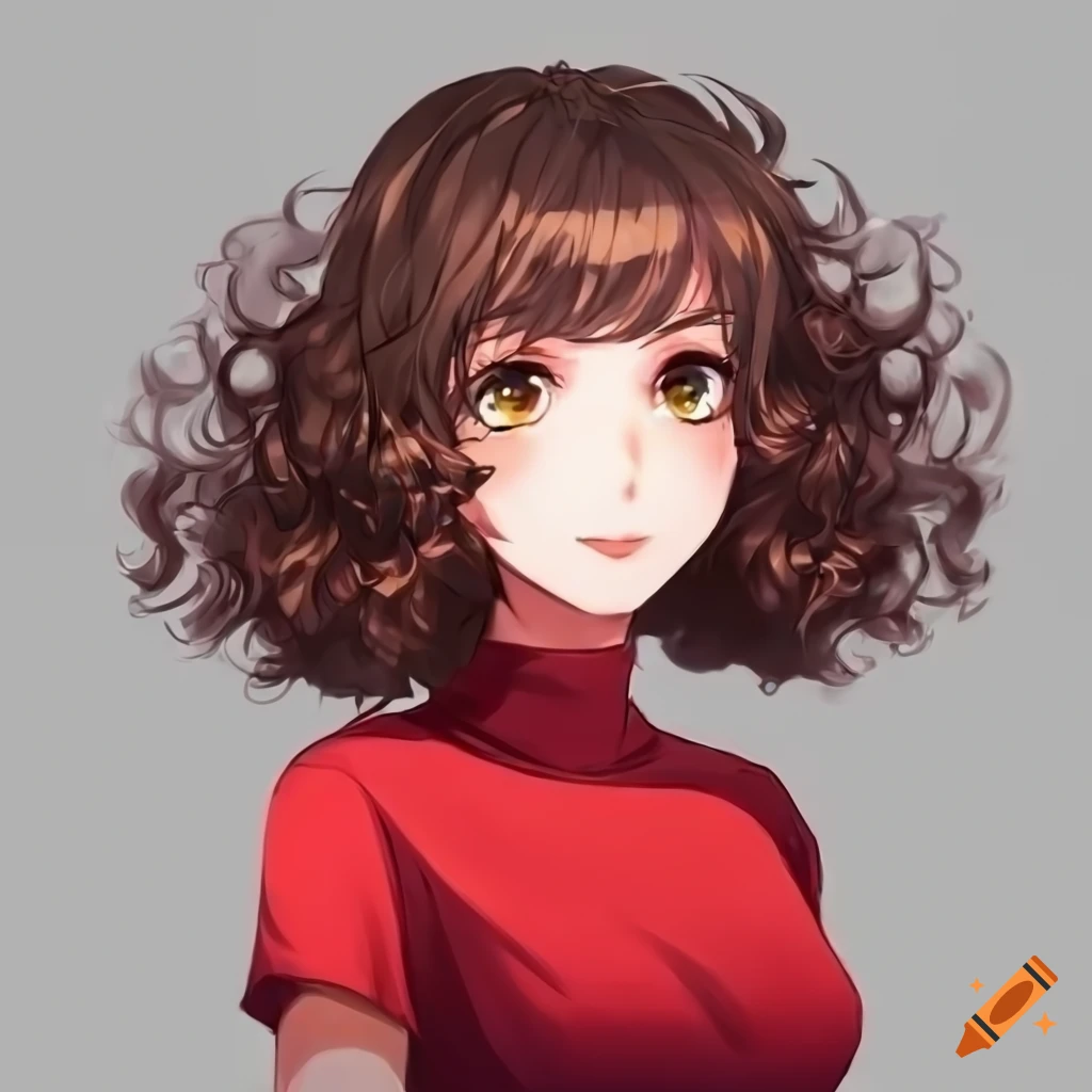 Anime woman with short curly brown hair and red t-shirt on Craiyon