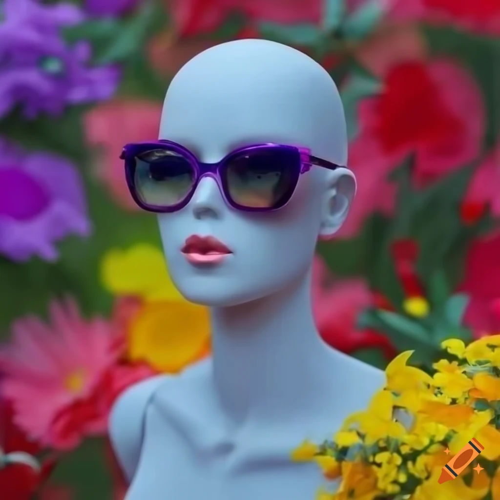 Mannequin with sunglasses surrounded by colorful flowers