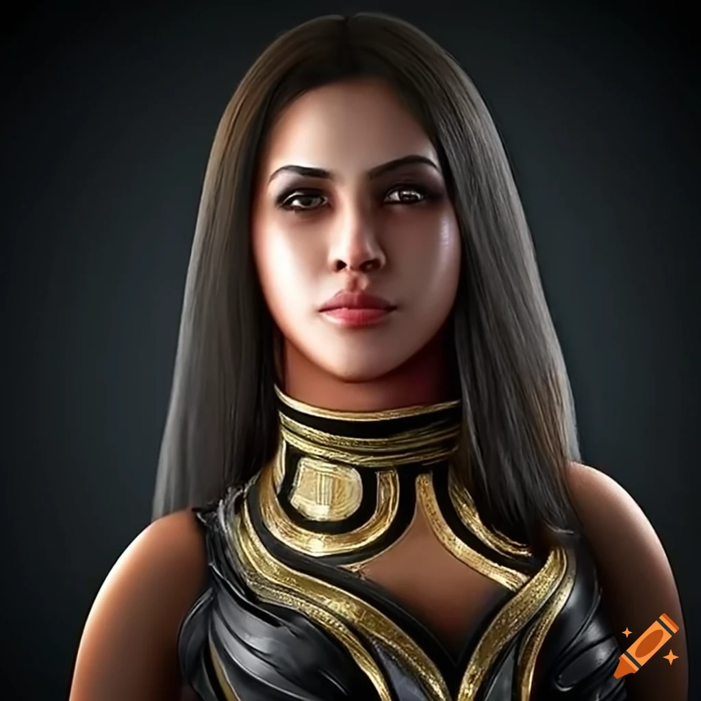 Realistic photo of a stunning athletic Hindi superhero in sleeveless black and gold battle armor