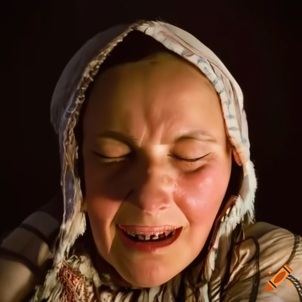Closeup of a sleeping dineh woman in traditional prairie garb with a happy expression on her face