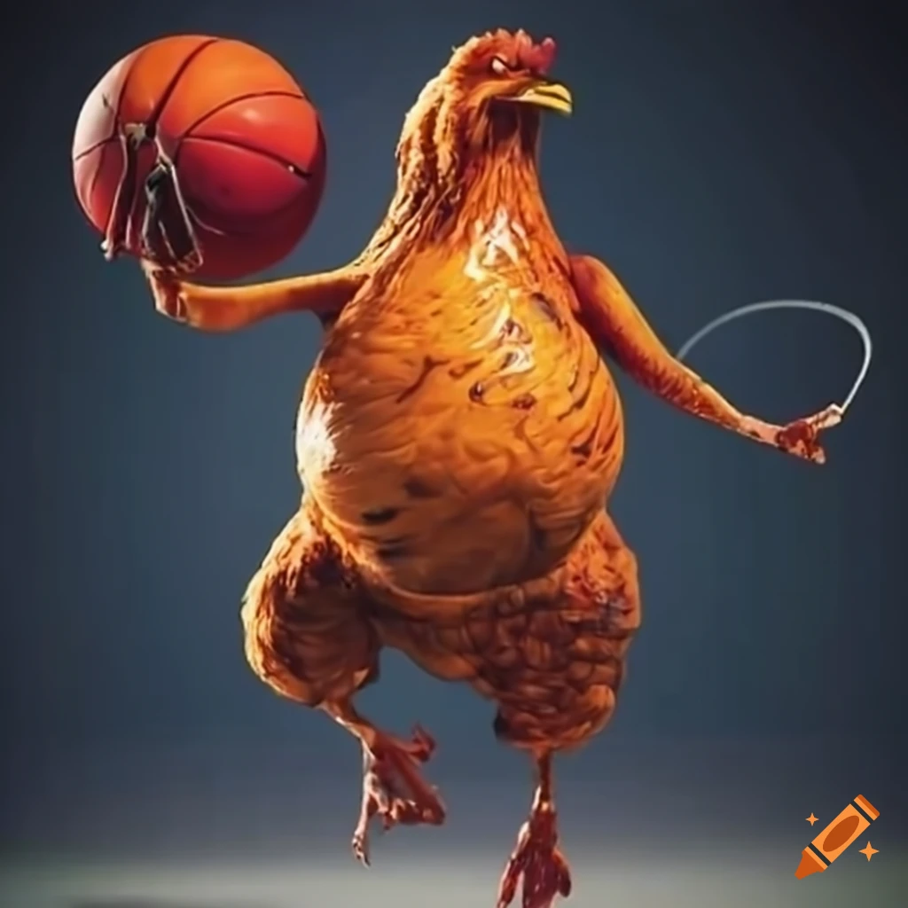 Barbecue chicken playing basketball on Craiyon