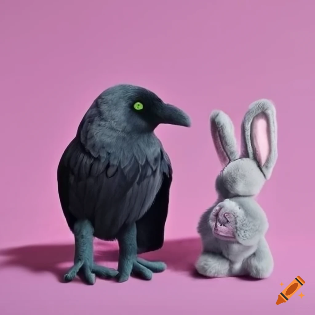 Plush raven and grey rabbit