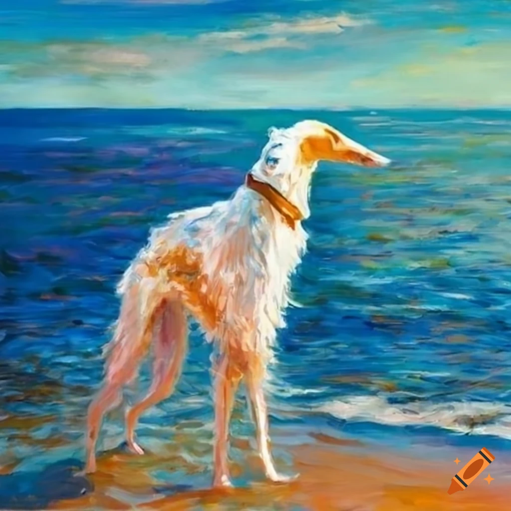 Borzoi dog on the beach in the style of Claude Monet on Craiyon
