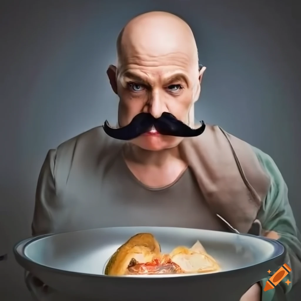 Bald man with a large mustache enjoying a bowl of delicious hot soup