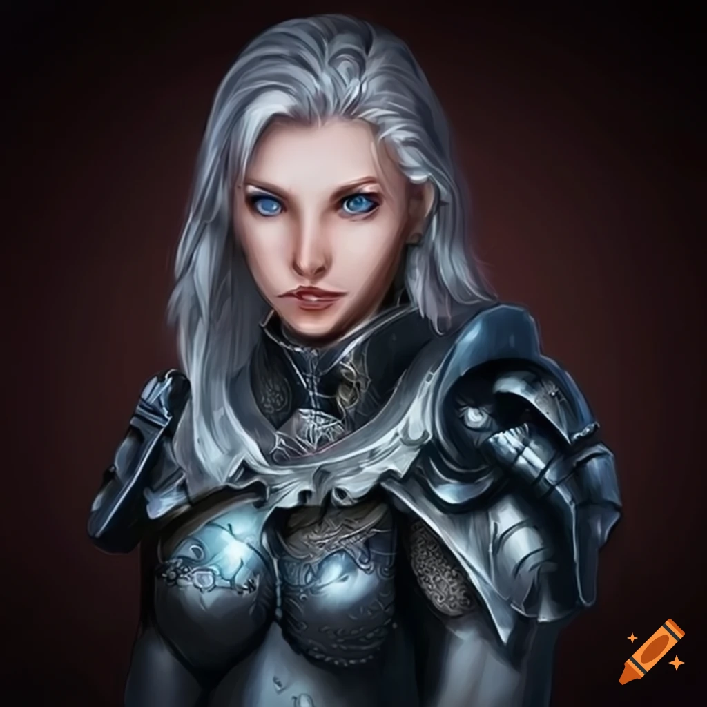 Female knight with silver hair and light blue eyes on Craiyon