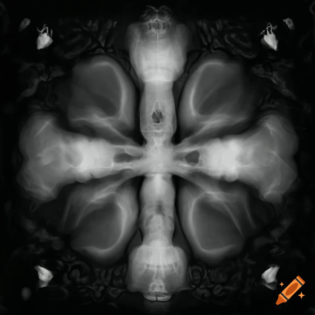 Symmetrical HD greyscale x-ray design featuring a crucified saint