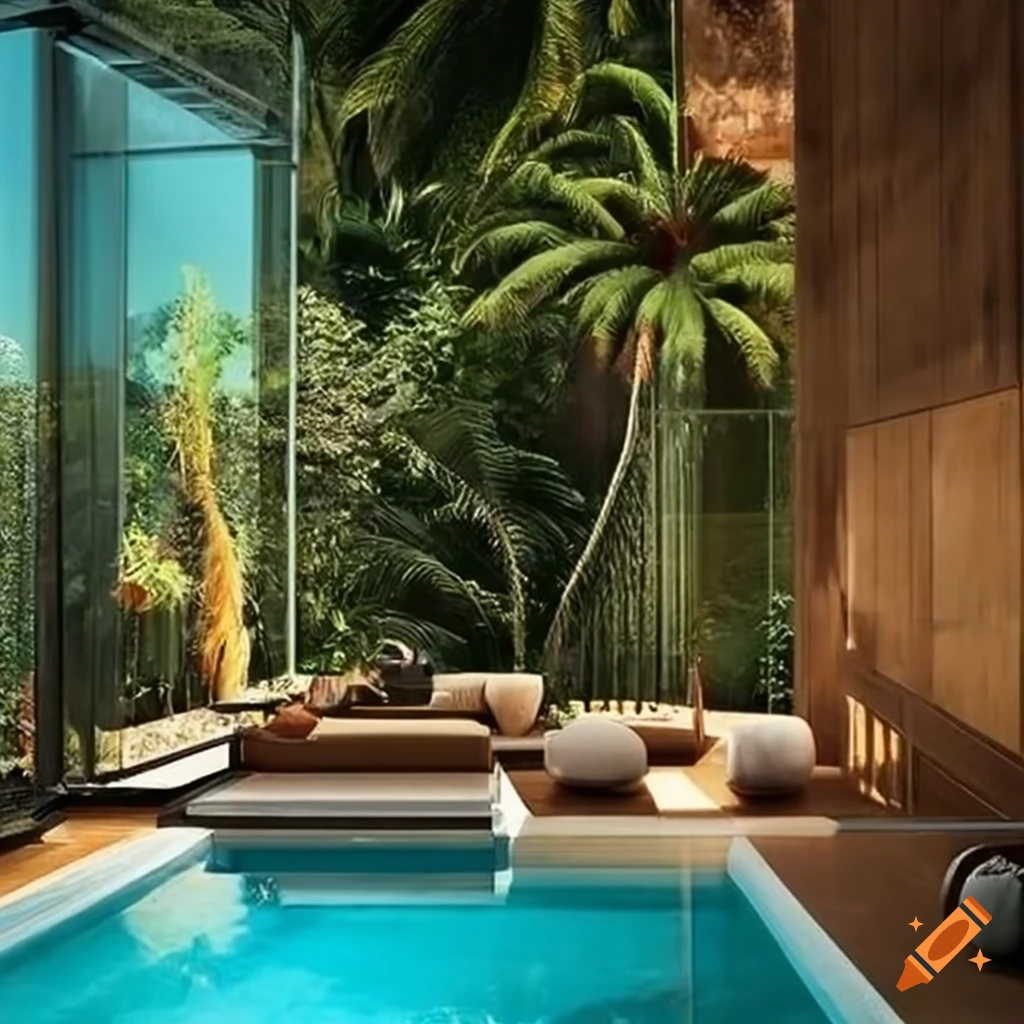 Glass pool enclosure and palm trees with a brown home on Craiyon