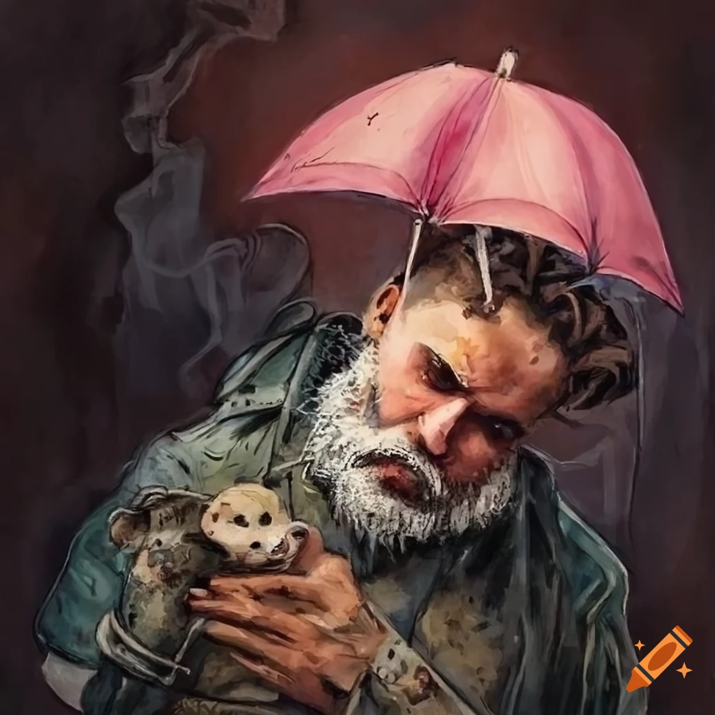 Bearded biker smoking with a pink parasol in the rain