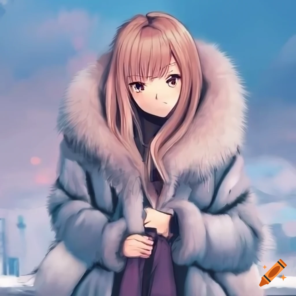 Anime girl wearing a fluffy fur coat on Craiyon