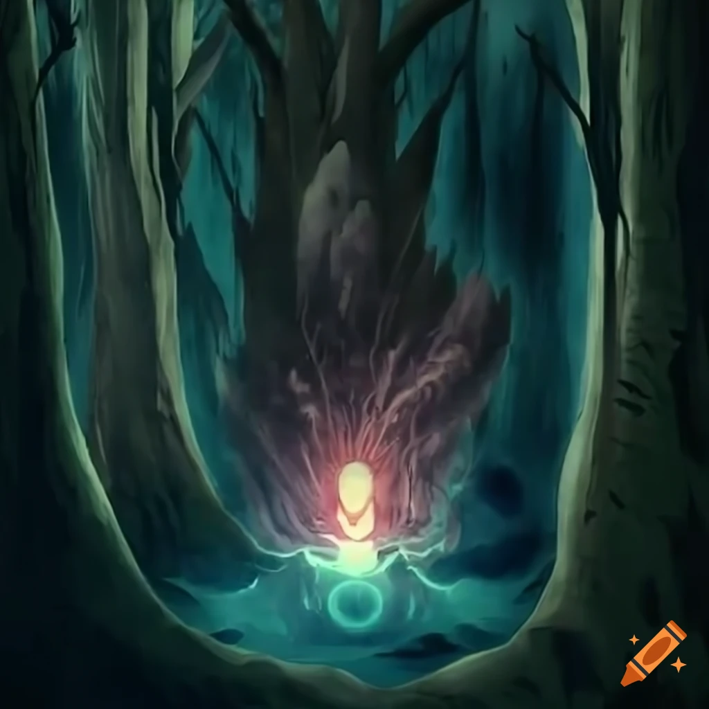 Naruto activating chakra in a forest with the nine-tailed fox behind him