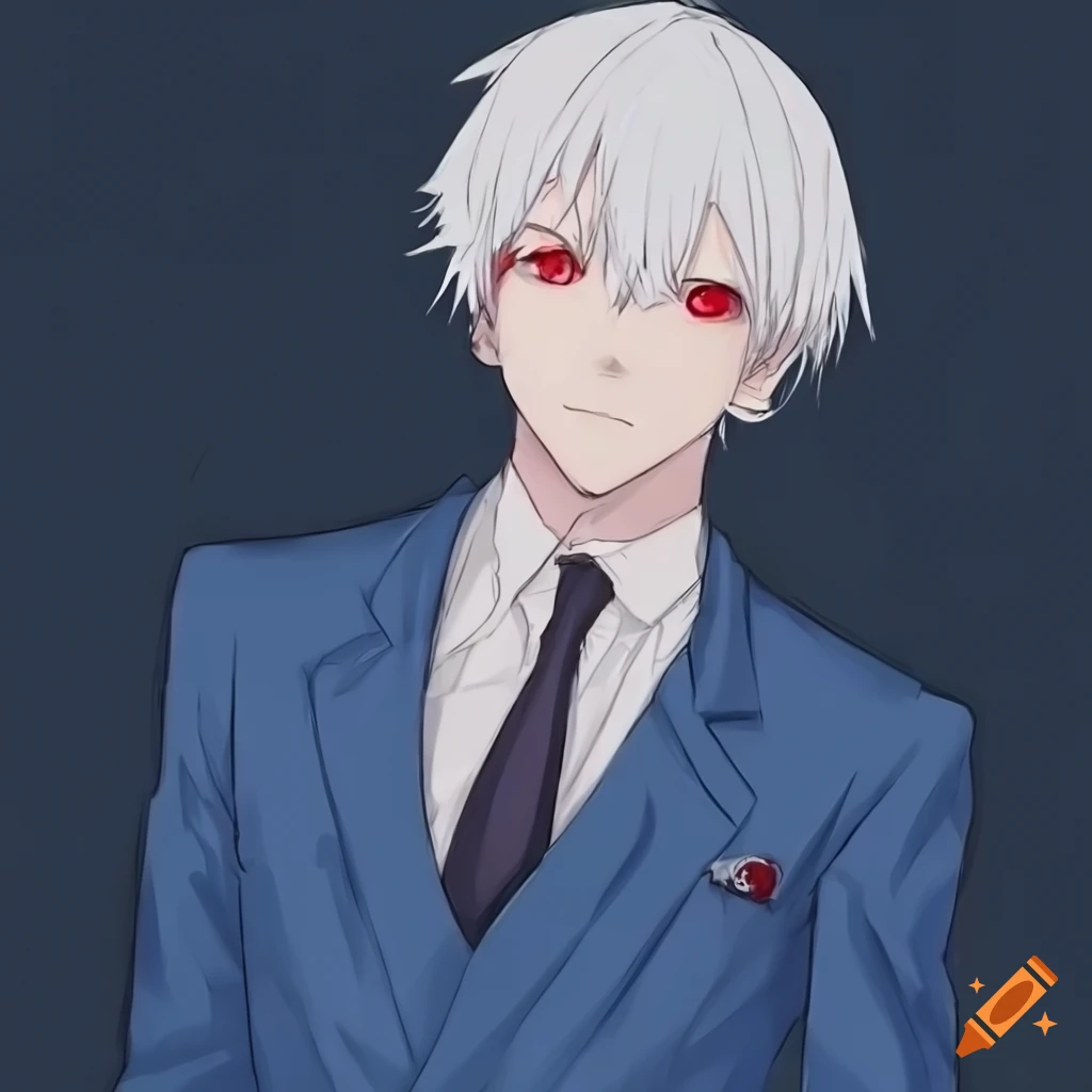 Anime man with short white hair and red eyes in a blue suit on Craiyon