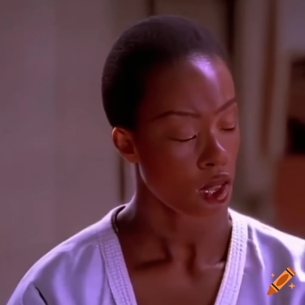 90s movie scene of a martial arts fighter spinning with closed eyes and