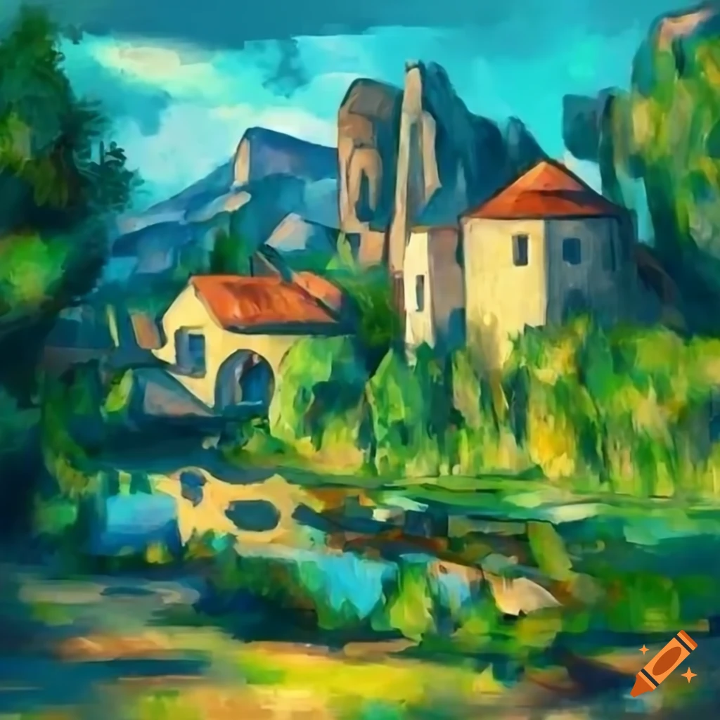 Small town of imaginative stone houses in a barren rocky landscape transformed into a fertile environment with beautiful man-made ponds and magical gardens