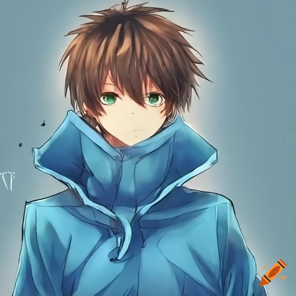 Cute anime boy with messy brown hair in a blue onesie on Craiyon