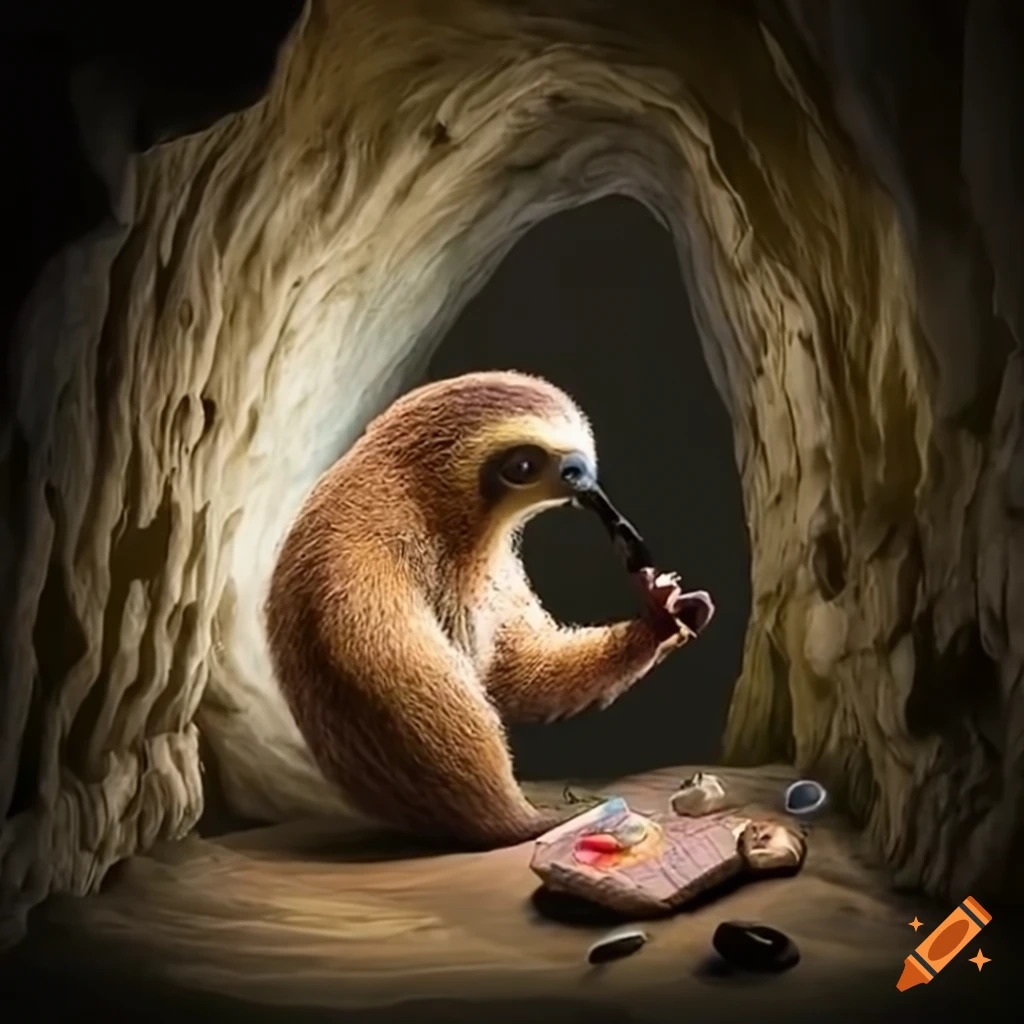 Sloth scientist conducting an experiment in a cave on Craiyon