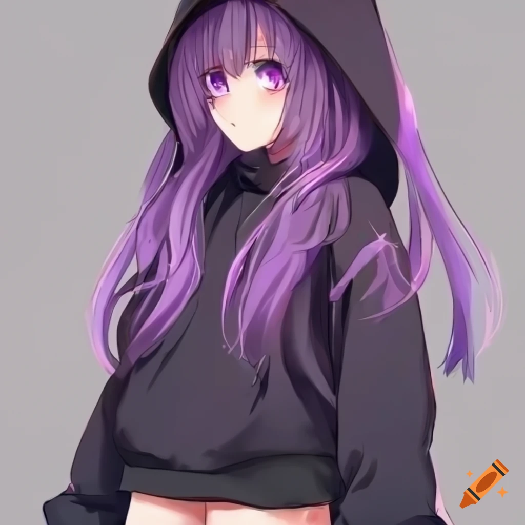 Hooded anime girl with purple hair and eyes looking sideways with a ...