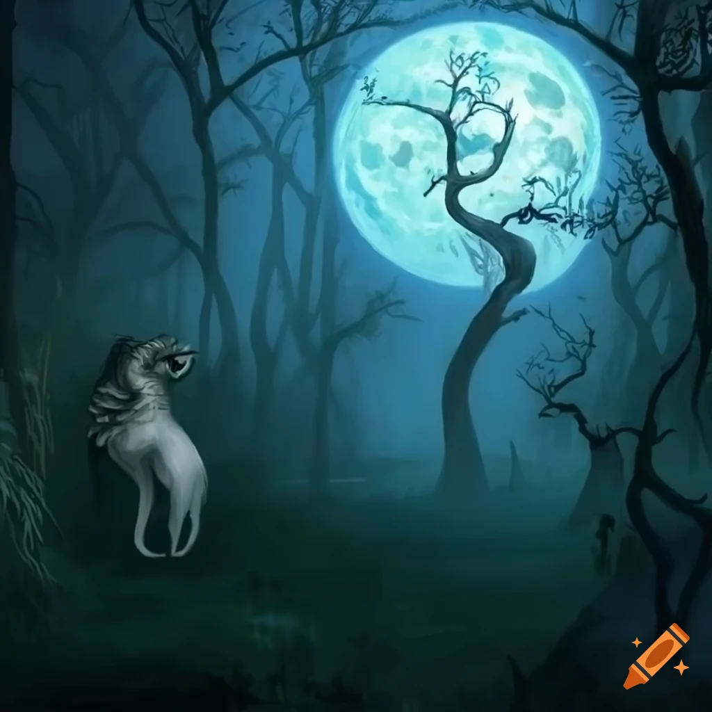 Foggy moonlit fantasy forest with magical creatures playing under full moon