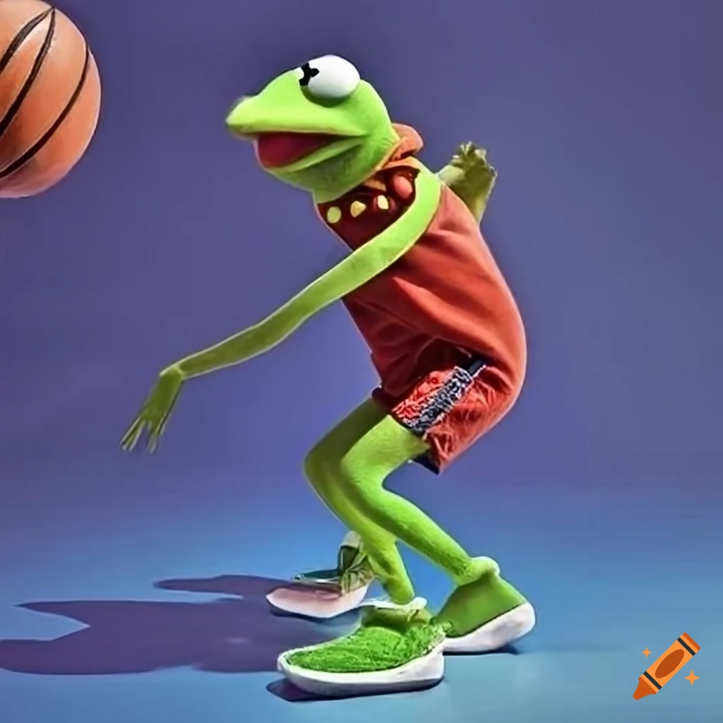 Kermit the frog and marty mcfly playing basketball in the park on a sunny day on Craiyon
