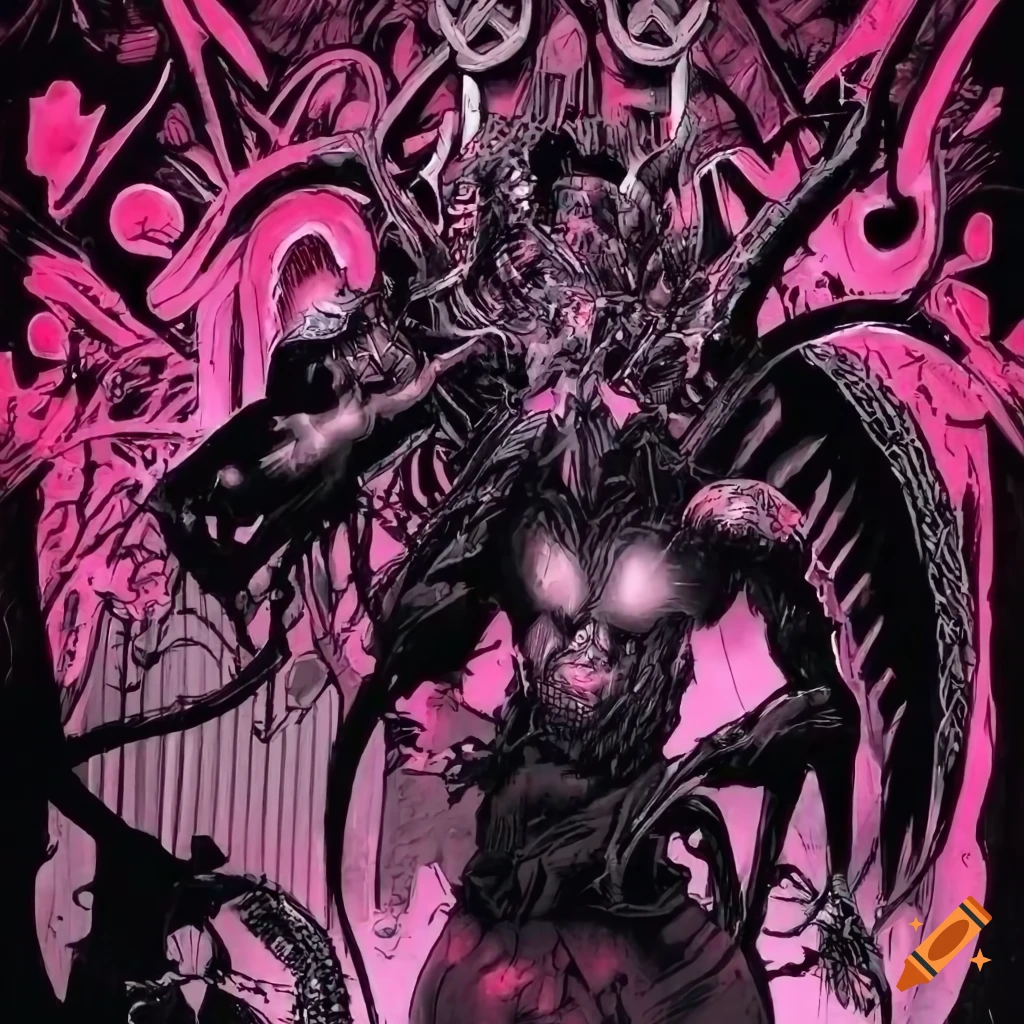 Neon pink and black and white demonic art with various references