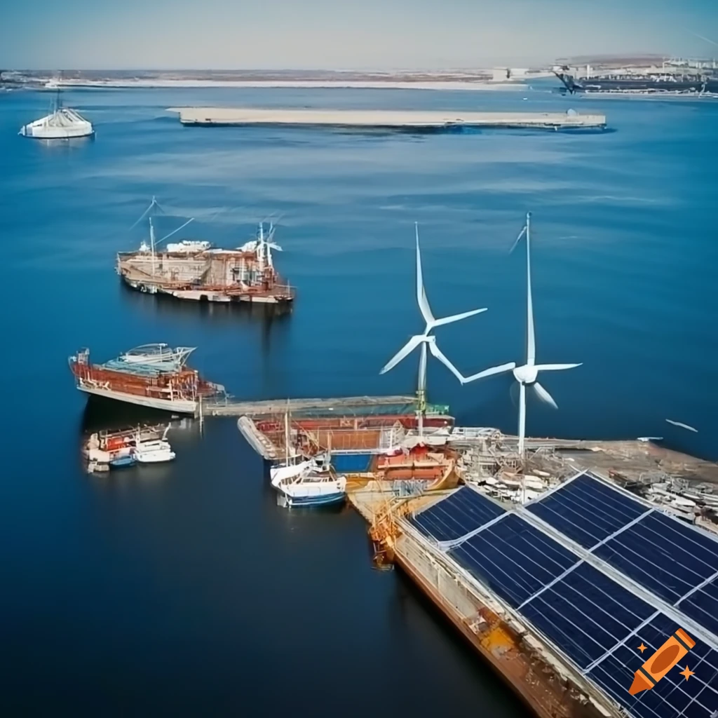 Port with ship, wind turbine, and solar panels on building roof